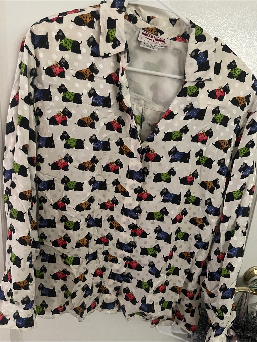 Maggy London White Blouse with Colorful Scottie Dog Print